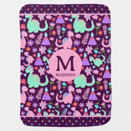 Cute Dinosaur Monogram Star Pattern Baby Blanket