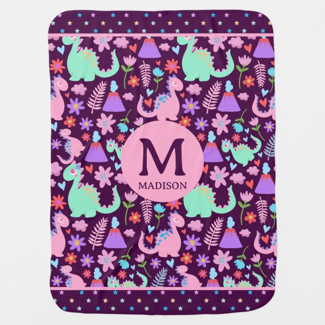 Cute Dinosaur Monogram Star Pattern Baby Blanket (Front)