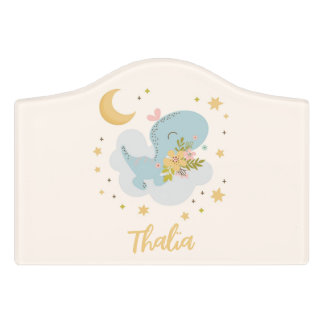 Cute Dinosaur Moon Stars Personalized Name Pastel Door Sign
