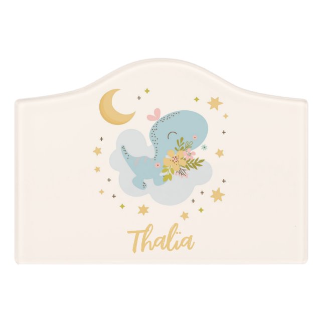 Cute Dinosaur Moon Stars Personalized Name Pastel Door Sign (Small Crest Front)