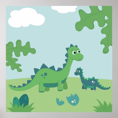 Cute dinosaur mother and baby boy nursery poster
