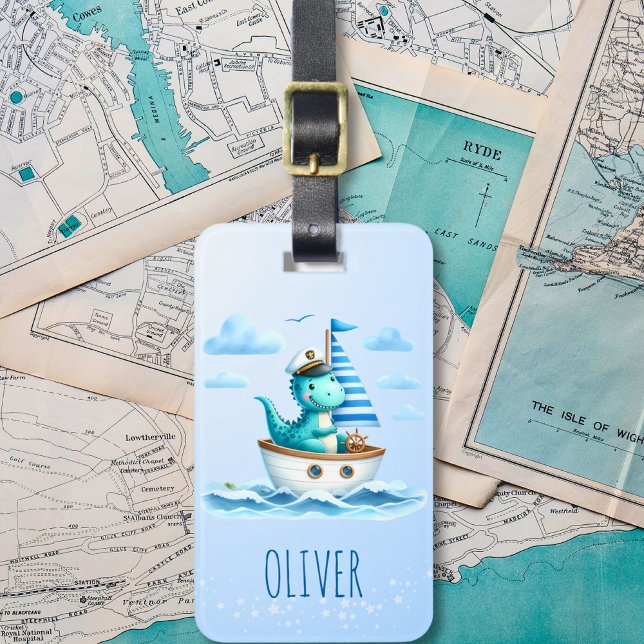 Cute Dinosaur Nautical Captain Blue Luggage Tag (Creator Uploaded)