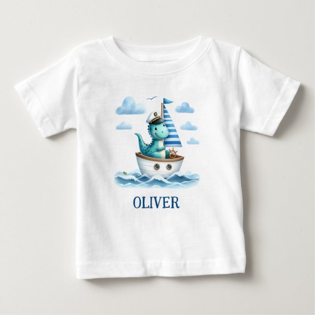Cute Dinosaur Nautical Captain Personalized Baby T-Shirt (Front)