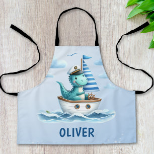 Cute Dinosaur Nautical Captain Personalized Blue Apron