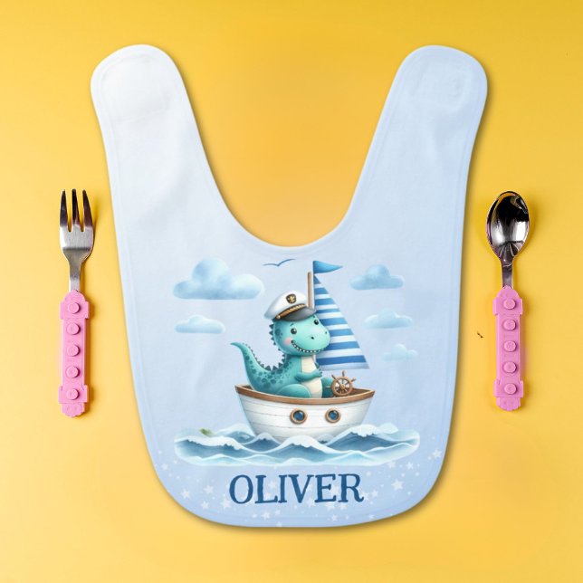 Cute Dinosaur Nautical Captain Personalized Blue Baby Bib (Creator Uploaded)