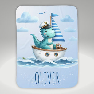 Cute Dinosaur Nautical Captain Personalized Blue Baby Blanket