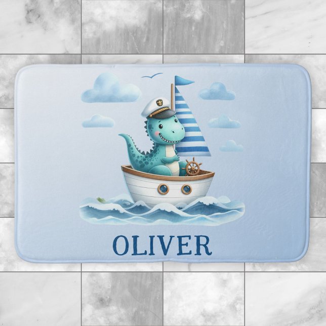 Cute Dinosaur Nautical Captain Personalized Blue Bath Mat (Creator Uploaded)