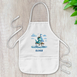 Cute Dinosaur Nautical Captain Personalized Blue Kids' Apron