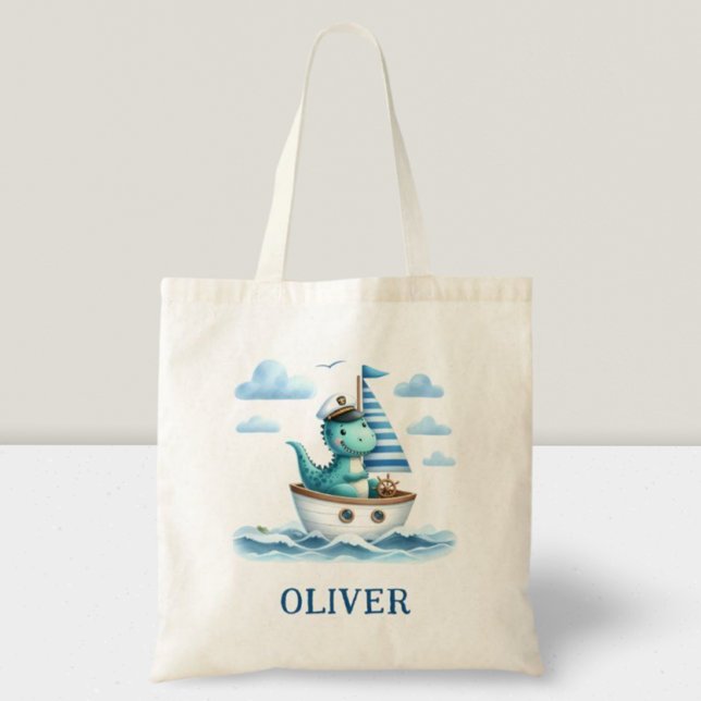 Cute Dinosaur Nautical Captain Personalized Blue Tote Bag (Creator Uploaded)