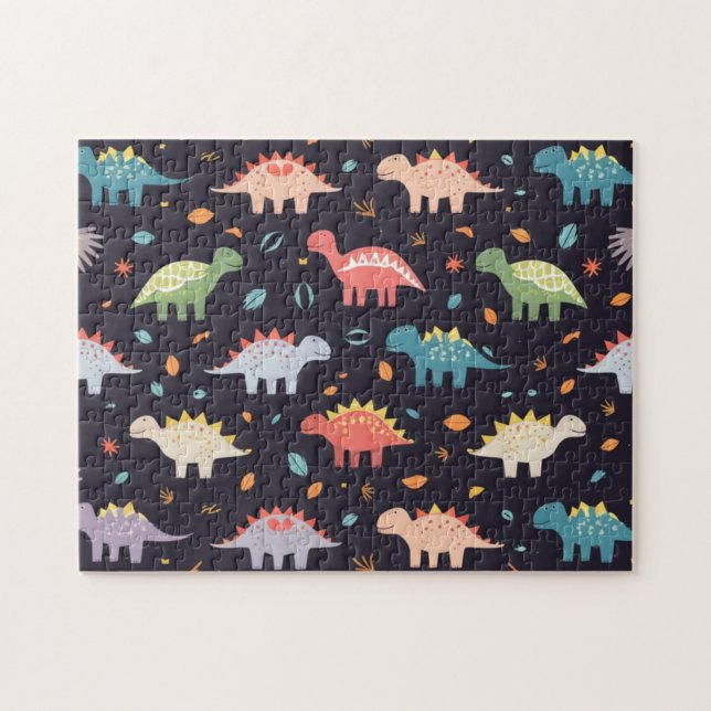 Cute Dinosaur, Navy Cute Colorful Dinosaur Pattern Jigsaw Puzzle (Horizontal)