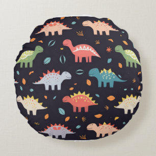 Cute Dinosaur, Navy Cute Colorful Dinosaur Pattern Round Pillow