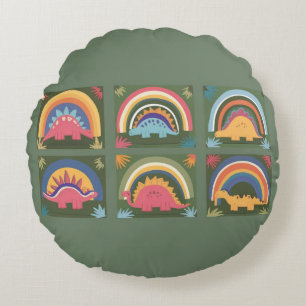 Cute Dinosaur, Navy Cute Colorful Dinosaur Pattern Round Pillow