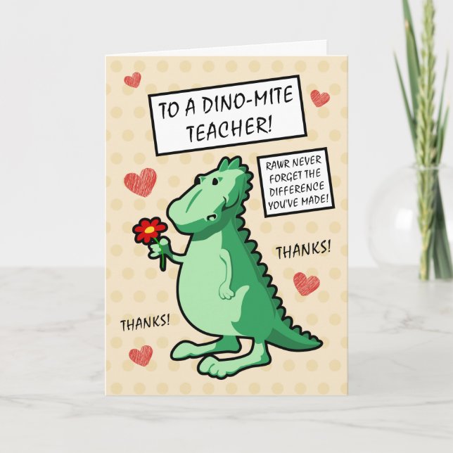 Cute Dinosaur Never Forget The Difference Teacher  Letterpress Thank You Card (Front)