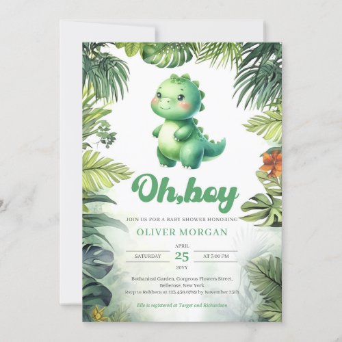 Cute dinosaur Oh boy tropical greenery baby shower Invitation