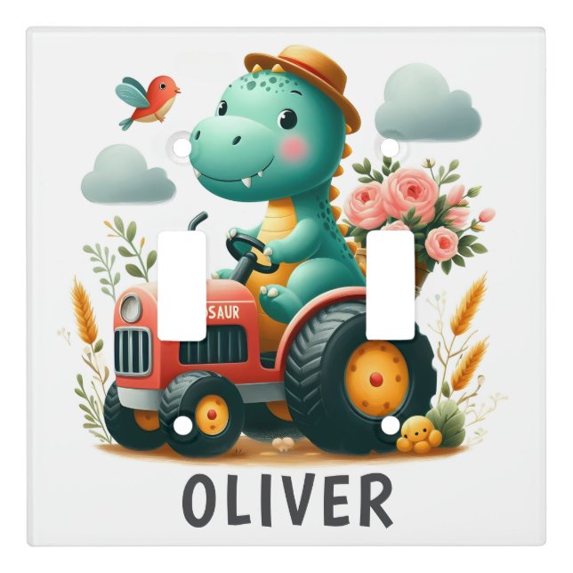 Cute Dinosaur on Red Tractor  Light Switch Cover (Front)