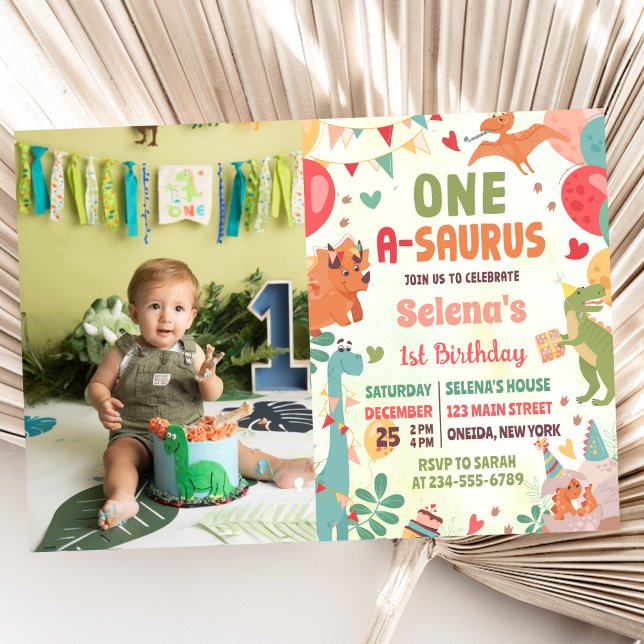 Cute Dinosaur One-A-Saurus 1st Birthday Photo Invitation (Creator Uploaded)