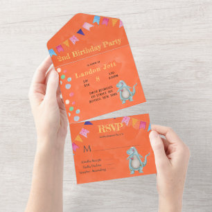 Cute Dinosaur Orange Watercolor Birthday Party All In One Invitation