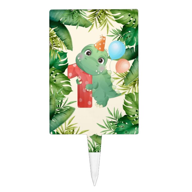 Cute Dinosaur Palm Leaves 1st Birthday Party Cake Topper (Front)