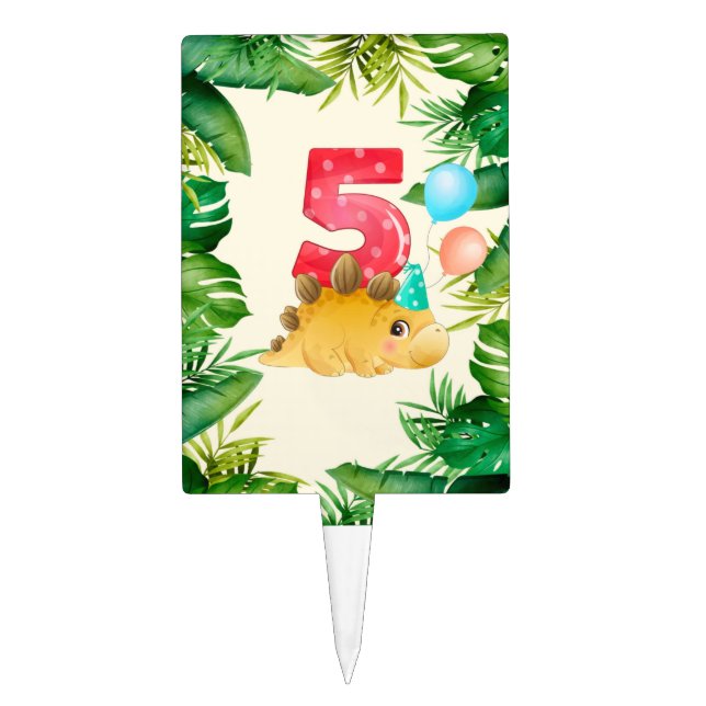 Cute Dinosaur Palm Leaves 5th Birthday Party Cake Topper (Front)