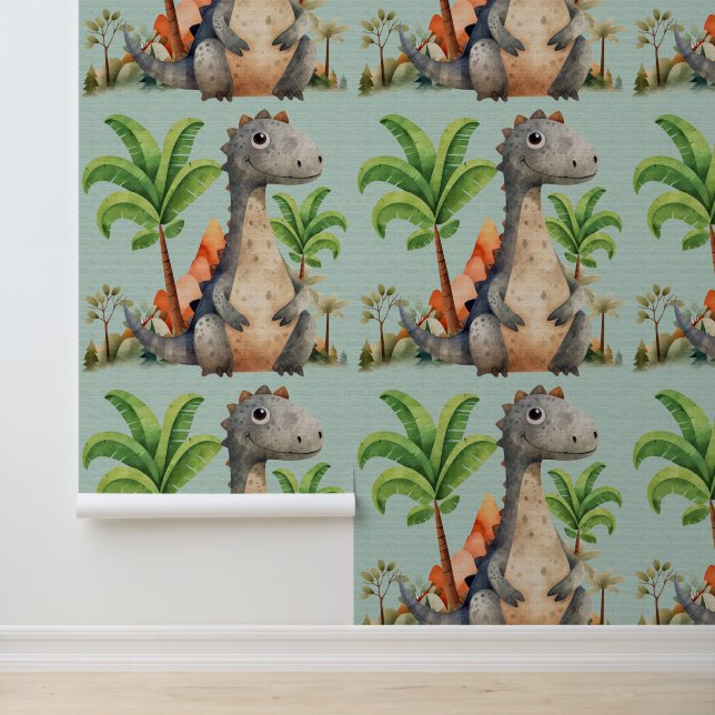 Cute dinosaur palm tree kids watercolor  wallpaper  (Application)