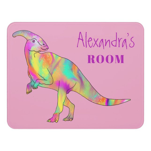 Cute Dinosaur parasaurolophus Personalized pink Door Sign (Contemporary Front)