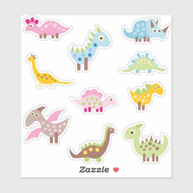 Cute Dinosaur Pastel Colors | Adorable Cartoon Jur Sticker (Sheet)