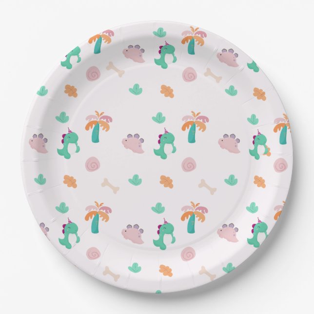 Cute Dinosaur Pattern Birthday Paper Plates (Front)