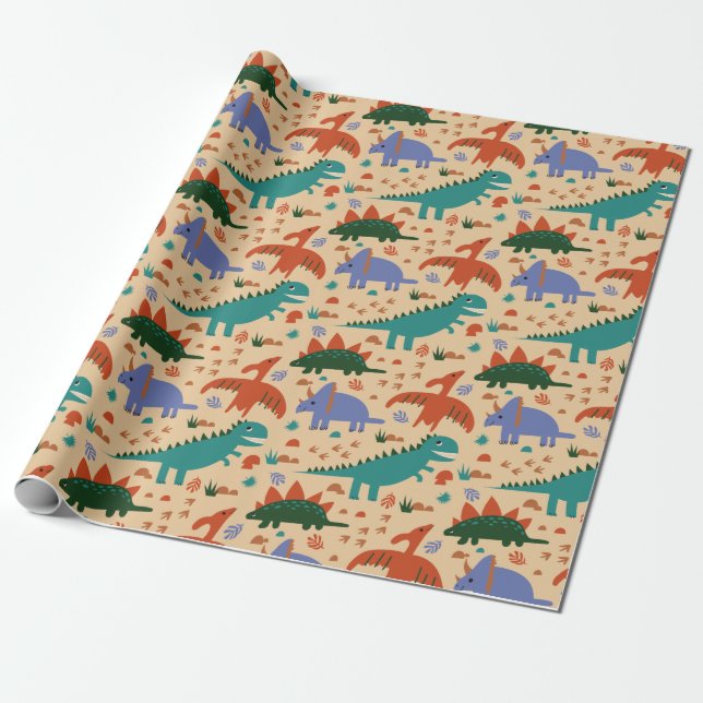 Cute Dinosaur Pattern Birthday Wrapping Paper (Unrolled)