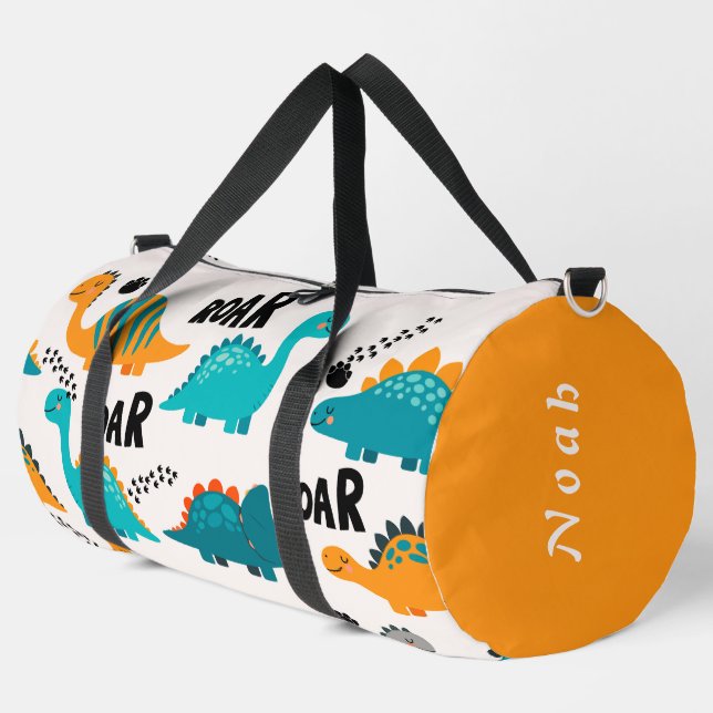 Cute Dinosaur Pattern Custom Monogram Name Kids Duffle Bag (Left Corner)