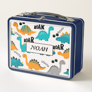 Cute Dinosaur Pattern Custom Monogram Name Kids Metal Lunch Box