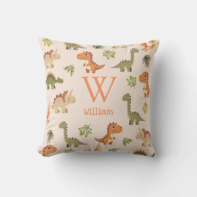 Cute Dinosaur Pattern Monogram Name Nursery Throw Pillow (Front)