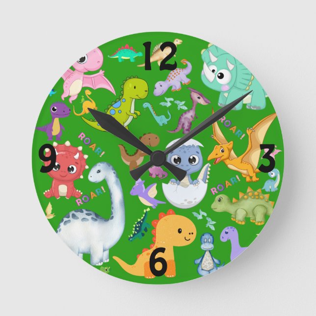 Cute Dinosaur Pattern on Green | Round Clock (Front)