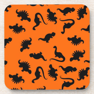 Cute Dinosaur Pattern on Orange Beverage Coaster