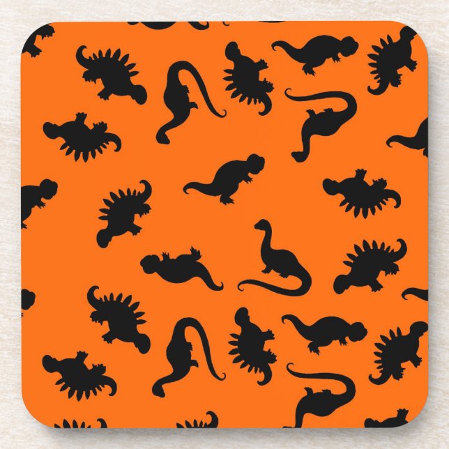 Cute Dinosaur Pattern on Orange Beverage Coaster (Front)