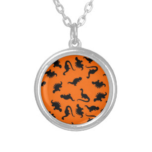 Cute Dinosaur Pattern on Orange Silver Plated Necklace