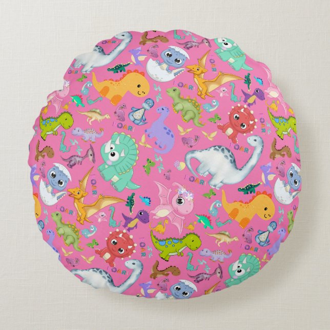 Cute Dinosaur Pattern on Pink | Round Pillow (Front)