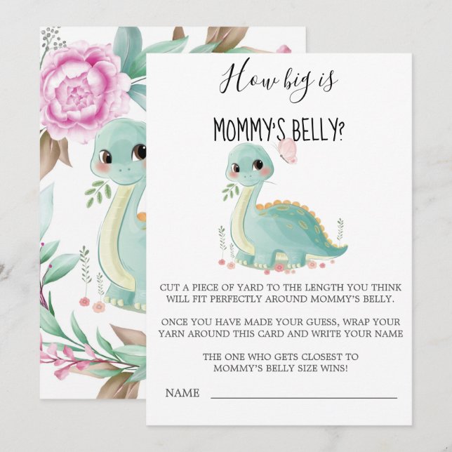 Cute Dinosaur Peony How Big Is Mommy’s Belly Cards (Front/Back)