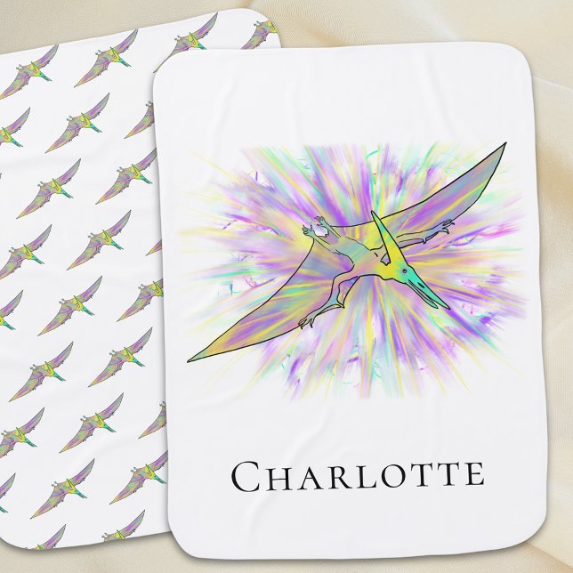 Cute Dinosaur Personalized Baby Blanket (Cute colorful dinosaur girl personalized name baby blanket Flying dino pterodactyl watercolor)