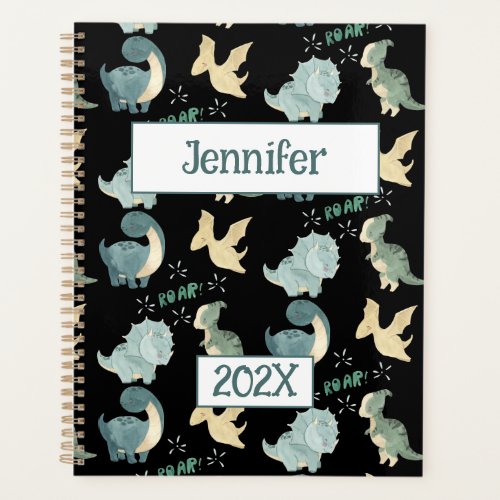 Cute Dinosaur Personalized Black 2024 Undated Planner