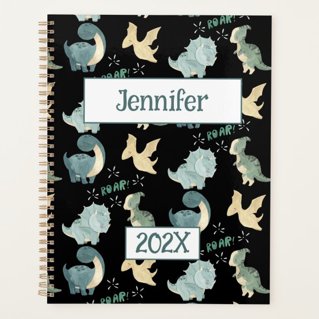 Cute Dinosaur Personalized Black 2024 Undated Planner (Front)