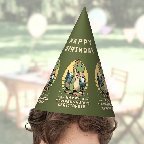 Cute Dinosaur Personalized Camping Birthday Party Hat