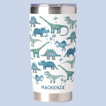 Cute Dinosaur Personalized Insulated Tumbler<br><div class="desc">Lots of blue dinosaurs,  Tyrannosaurus rex,  Spinosaurus,  Stegosaurus,  Diplodocus and Triceratops.  Perfect for budding paleontologists!  Change the name to personalize. Original art by Nic Squirrell.</div>