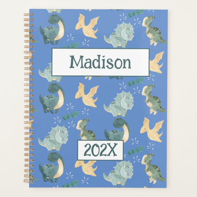 Cute Dinosaur Personalized Light Blue 2024 Undated Planner (Front)