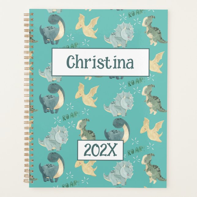 Cute Dinosaur Personalized Light Green 2024 Planner (Front)
