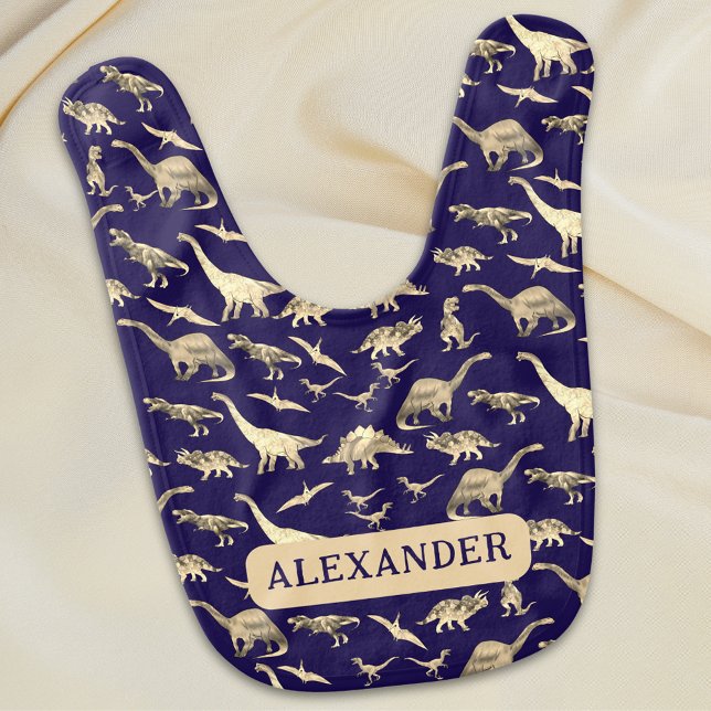 Cute Dinosaur Personalized Name Blue Baby Bib (Cute dinosaur personalized name boy baby navy blue bib Jurassic dino pattern new baby custom gifts)