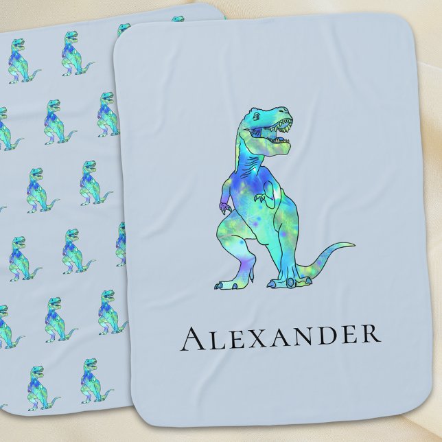 Cute Dinosaur Personalized Name Blue Baby Blanket (Colorful dinosaur boys personalized name baby blanket fun T-Rex dino bedroom nursery decor)