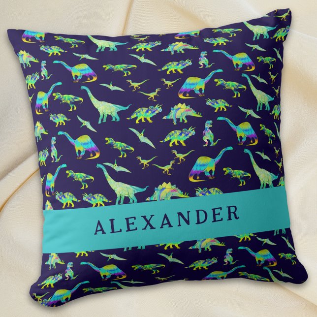 Cute Dinosaur Personalized Name Blue Throw Pillow (Cute dinosaur personalized name boy baby blue pillow colorful dino pattern kids bedroom home decor)