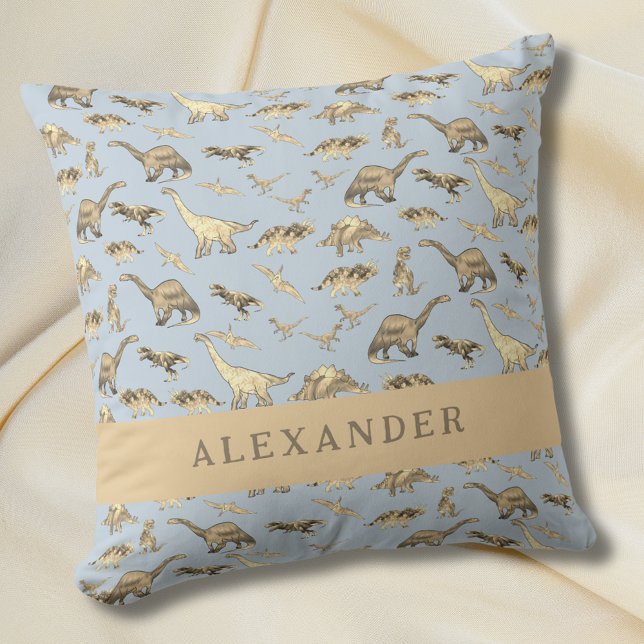Cute Dinosaur Personalized Name Blue Throw Pillow (Cute dinosaur pattern personalized name blue pillow baby Boys Jurassic dino bedroom home decor)