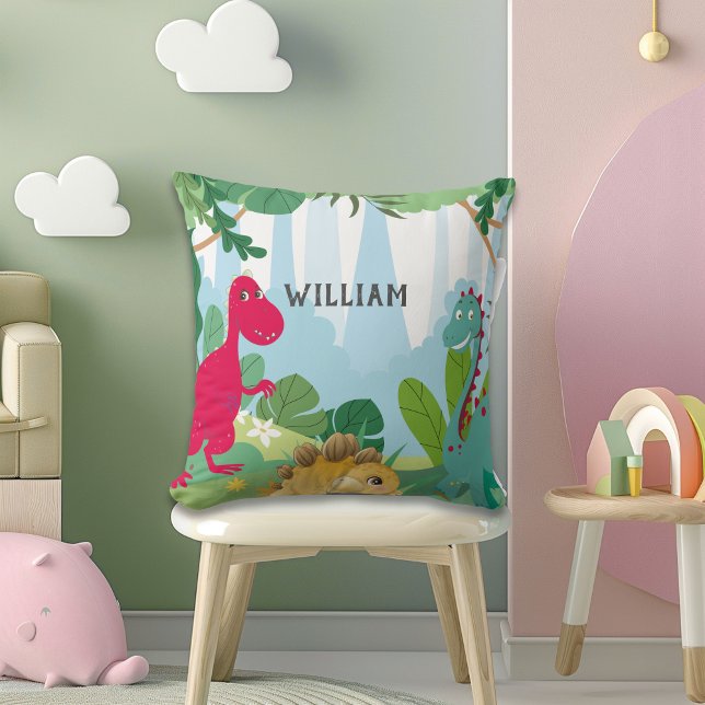 Cute Dinosaur Personalized Name Kids Room Throw Pillow (Creator Uploaded)
