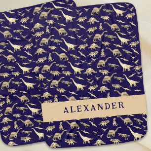 Cute Dinosaur Personalized Name Navy Blue Baby Blanket